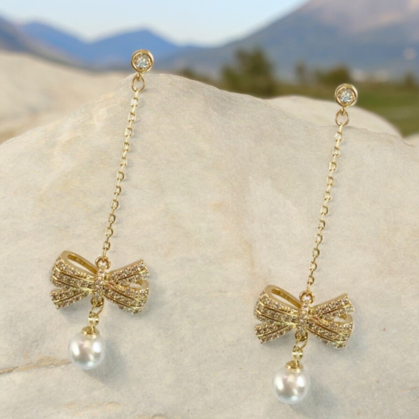 Women Crystal Bow with Pearl Drop Earrings in Gold Tone