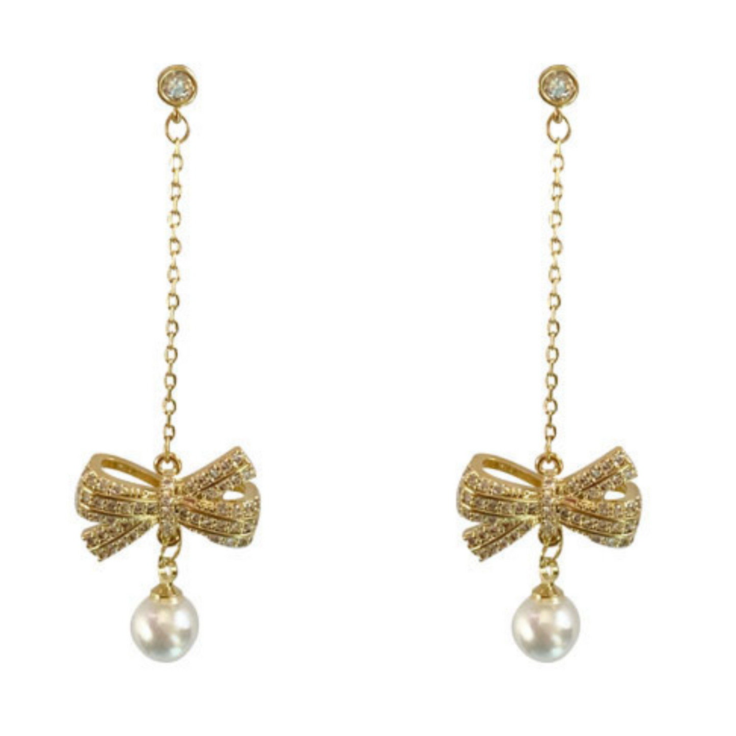 Women Crystal Bow with Pearl Drop Earrings in Gold Tone