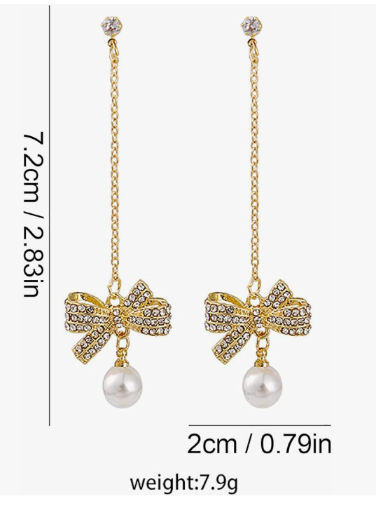 Women Crystal Bow with Pearl Drop Earrings in Gold Tone