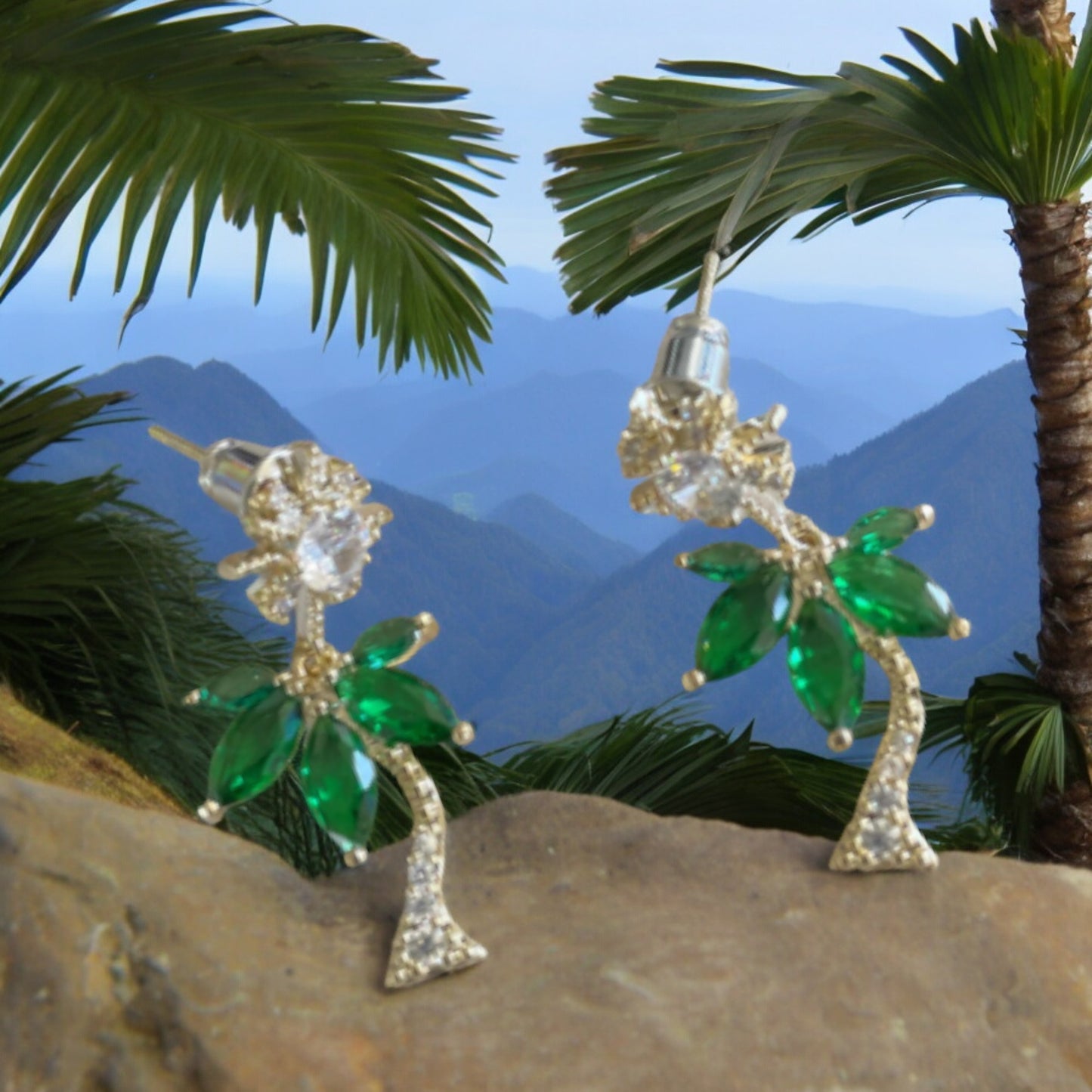 Sparkly Crystal Sun & Palm Tree Drop Stud Earrings