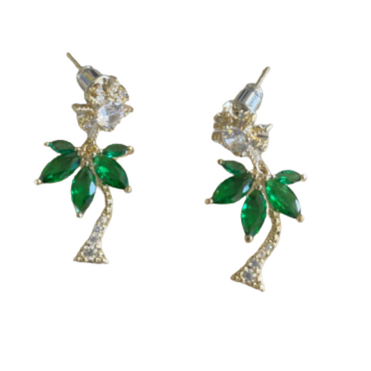 Sparkly Crystal Sun & Palm Tree Drop Stud Earrings
