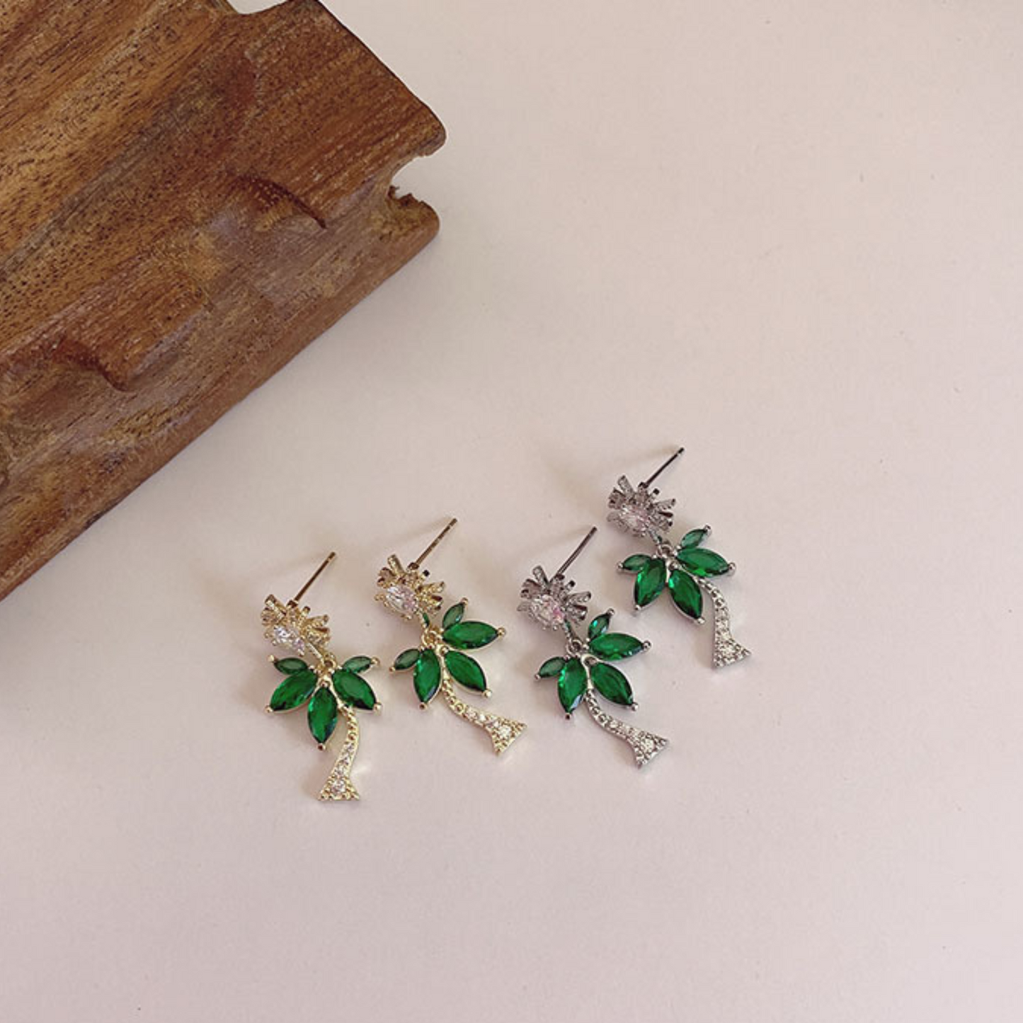 Sparkly Crystal Sun & Palm Tree Drop Stud Earrings