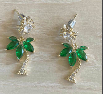 Sparkly Crystal Sun & Palm Tree Drop Stud Earrings