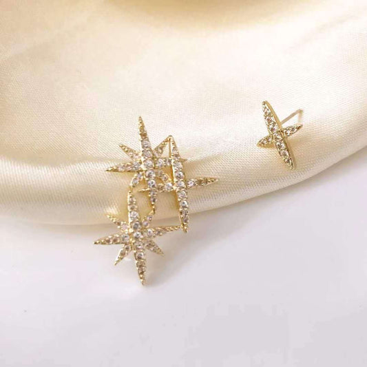 Women Sparkly Gold Tone Crystal Stars Stud Earrings