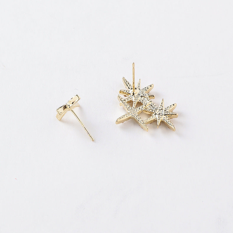 Women Sparkly Gold Tone Crystal Stars Stud Earrings