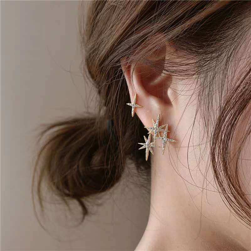 Women Sparkly Gold Tone Crystal Stars Stud Earrings