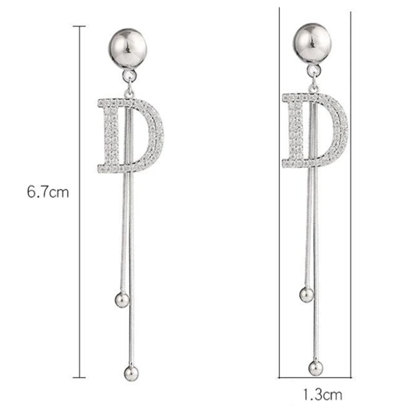 Silver Tone Crystal Letter D Tassel Stud Earrings