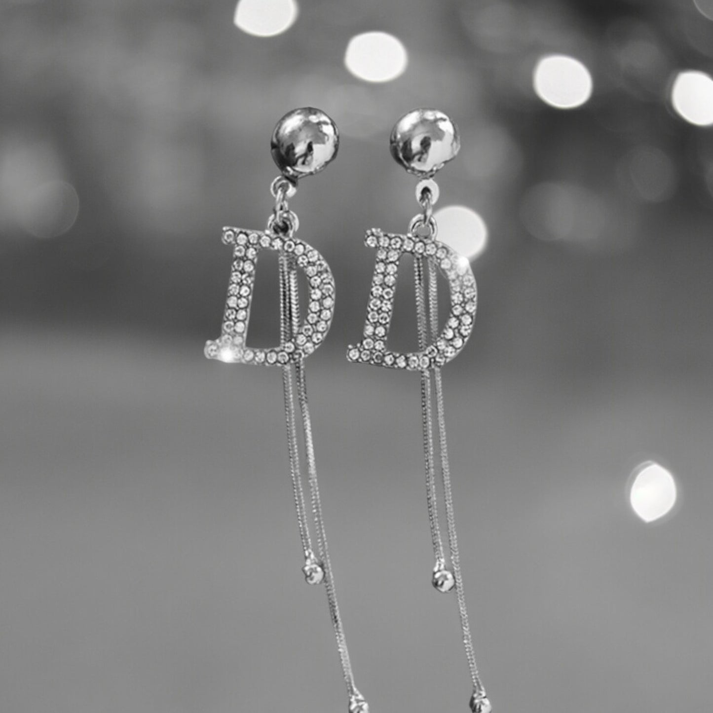 Silver Tone Crystal Letter D Tassel Stud Earrings