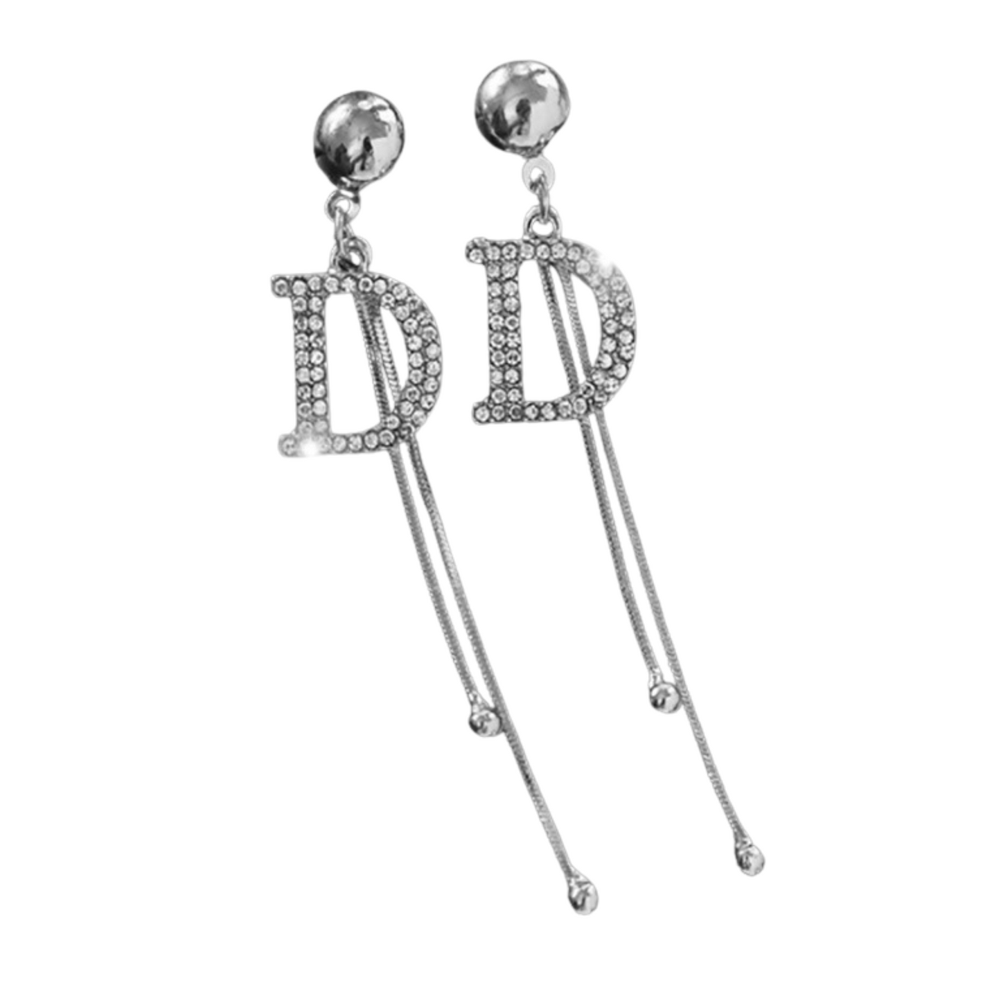Silver Tone Crystal Letter D Tassel Stud Earrings
