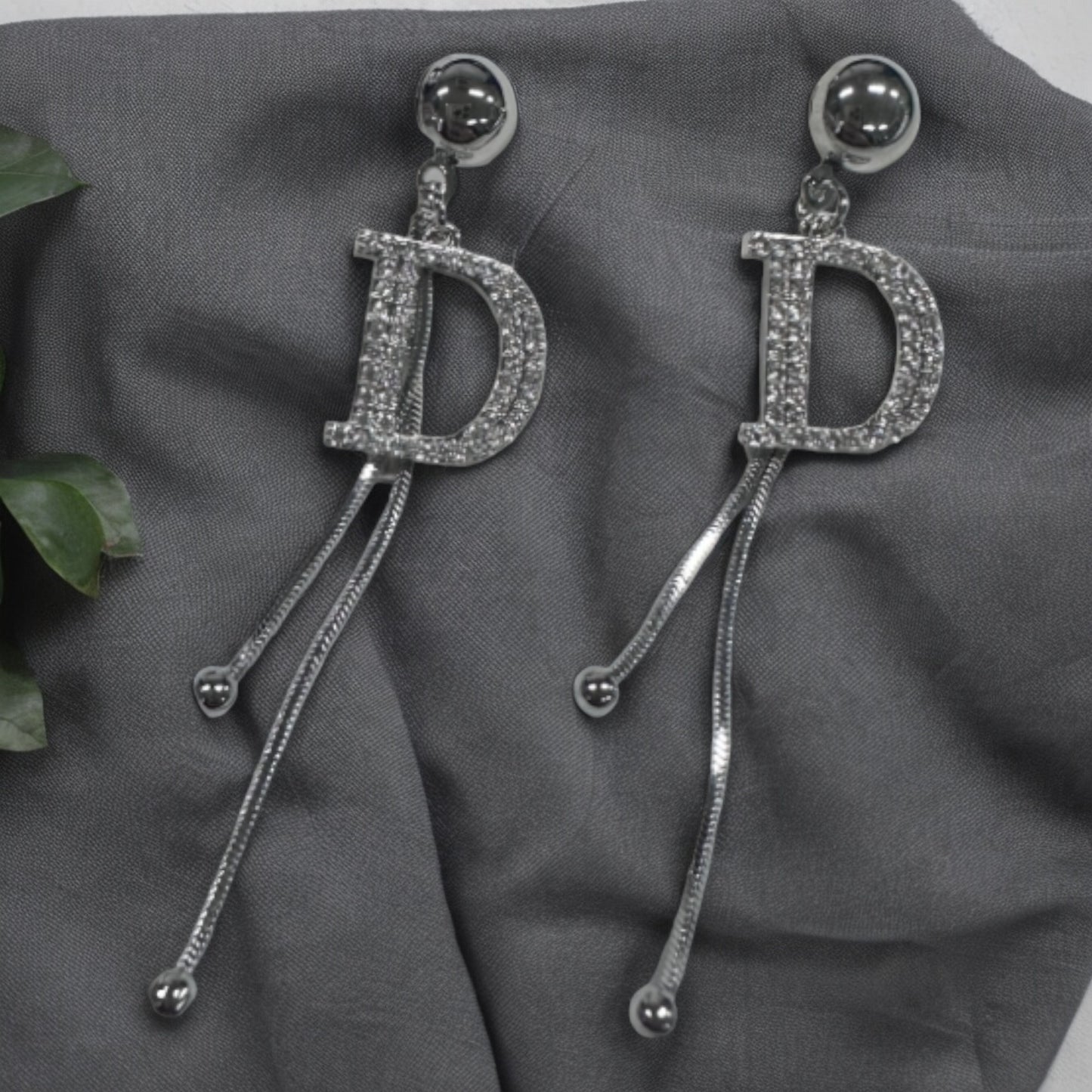 Silver Tone Crystal Letter D Tassel Stud Earrings