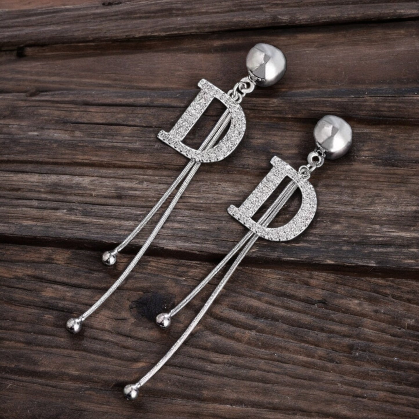 Silver Tone Crystal Letter D Tassel Stud Earrings