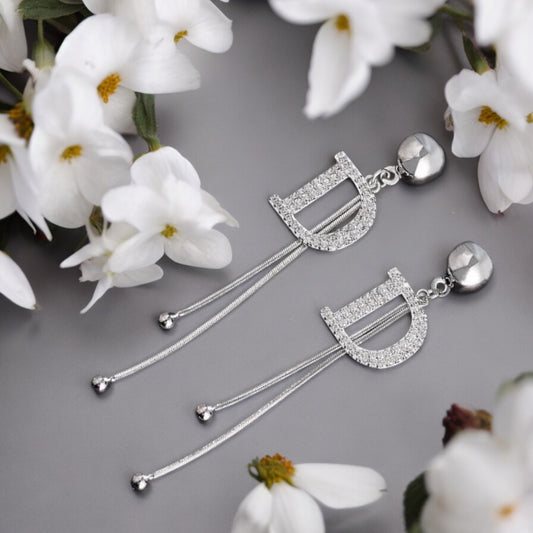 Silver Tone Crystal Letter D Tassel Stud Earrings