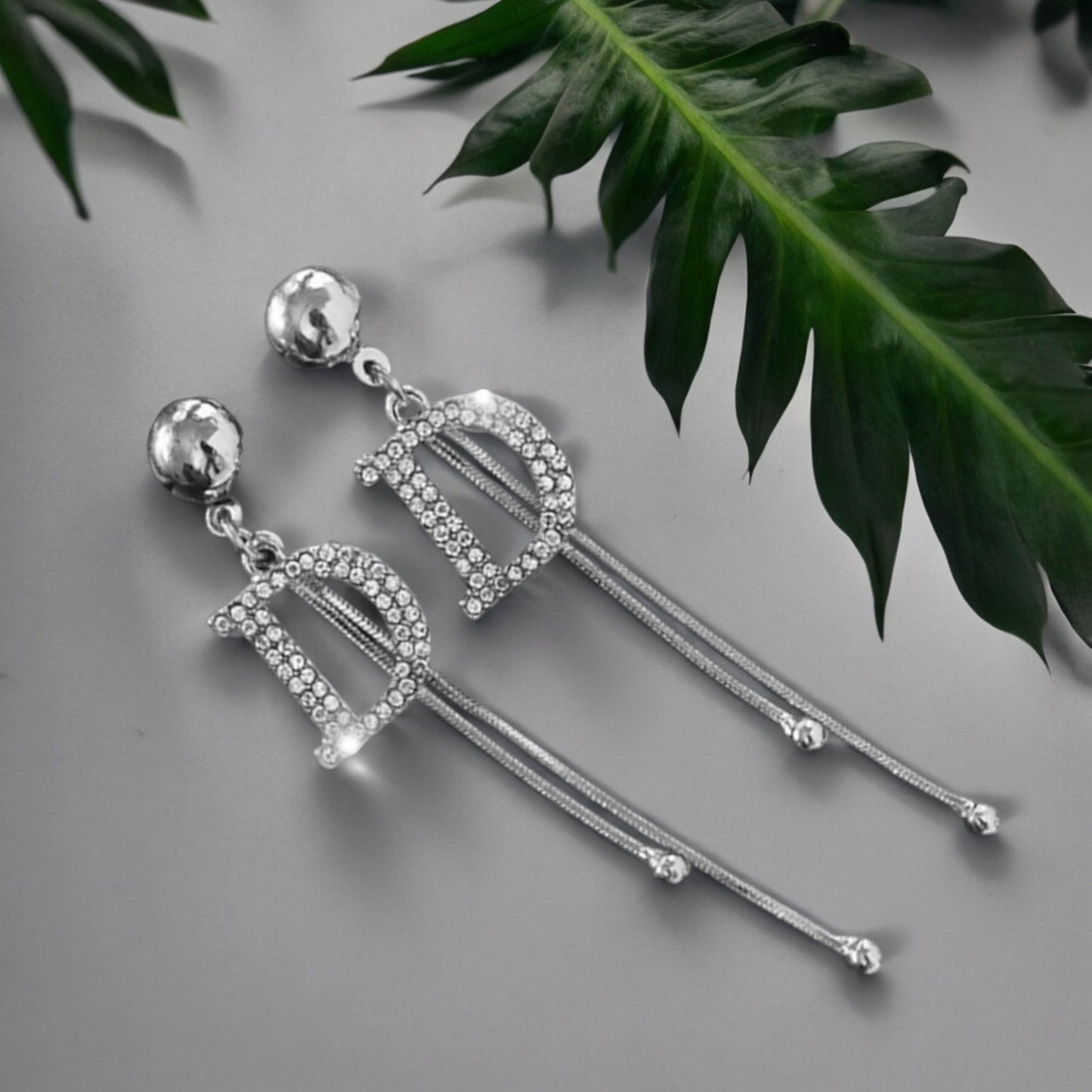 Silver Tone Crystal Letter D Tassel Stud Earrings