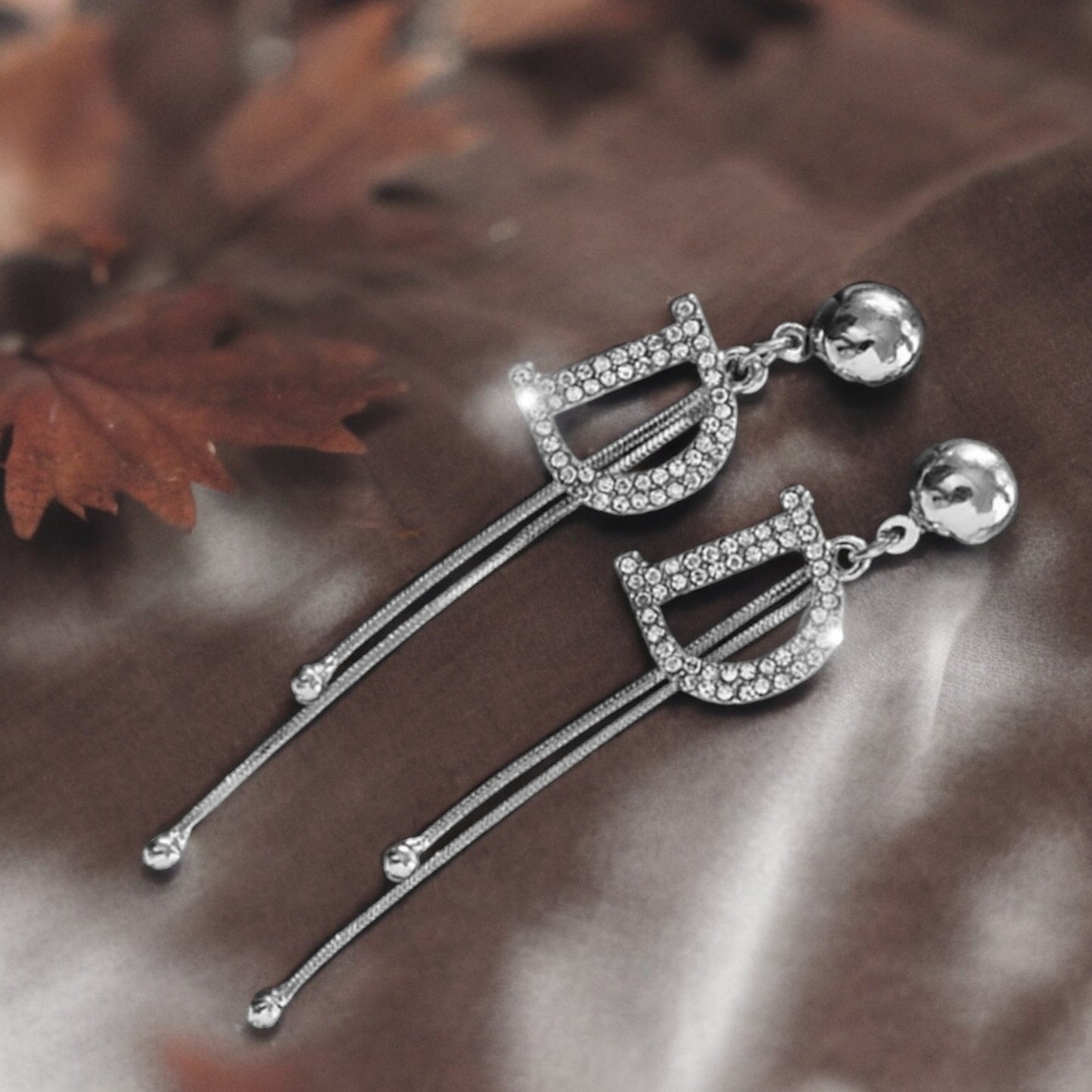 Silver Tone Crystal Letter D Tassel Stud Earrings