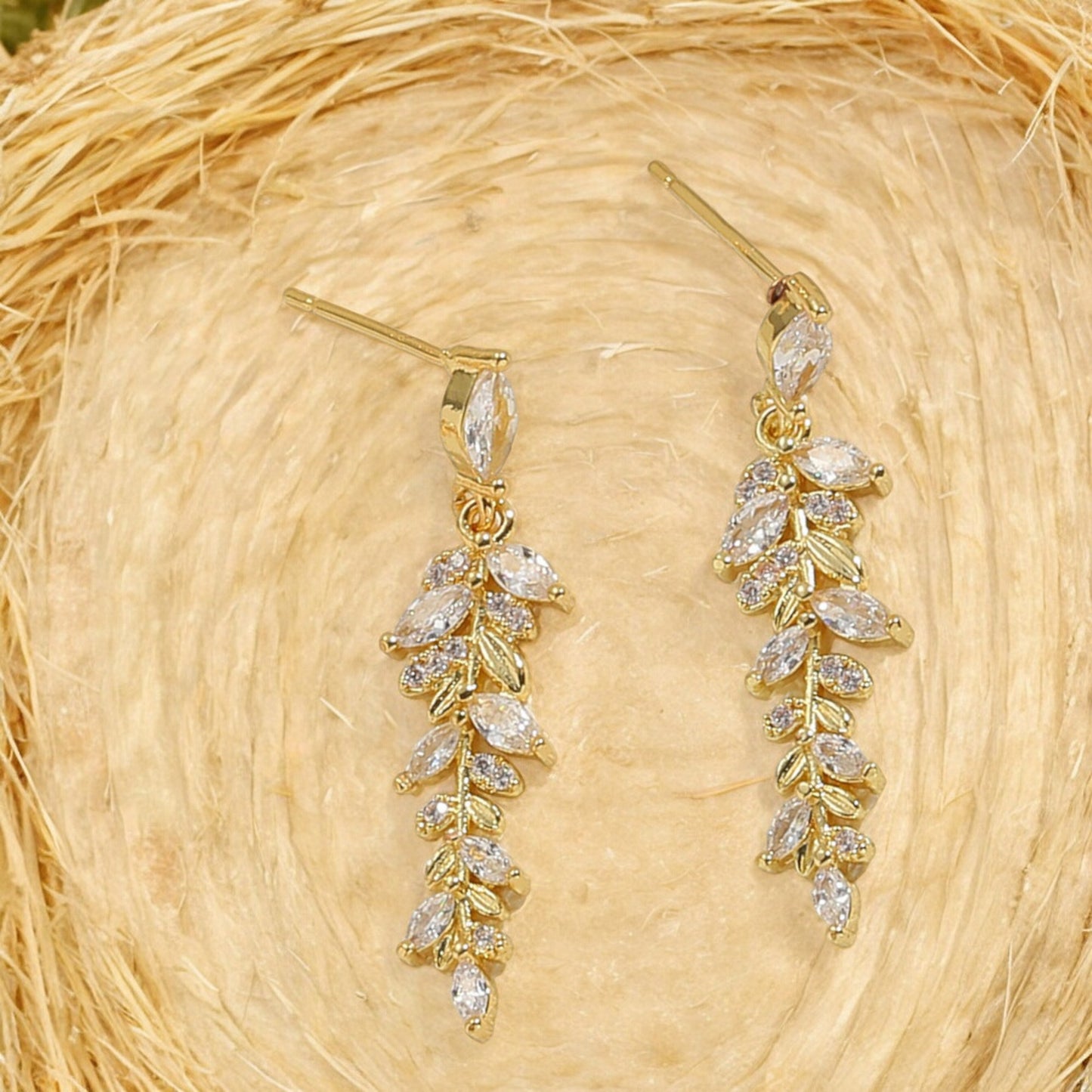 Women Luxury Leaf Crystal Dangle Earrings in Gold Tone