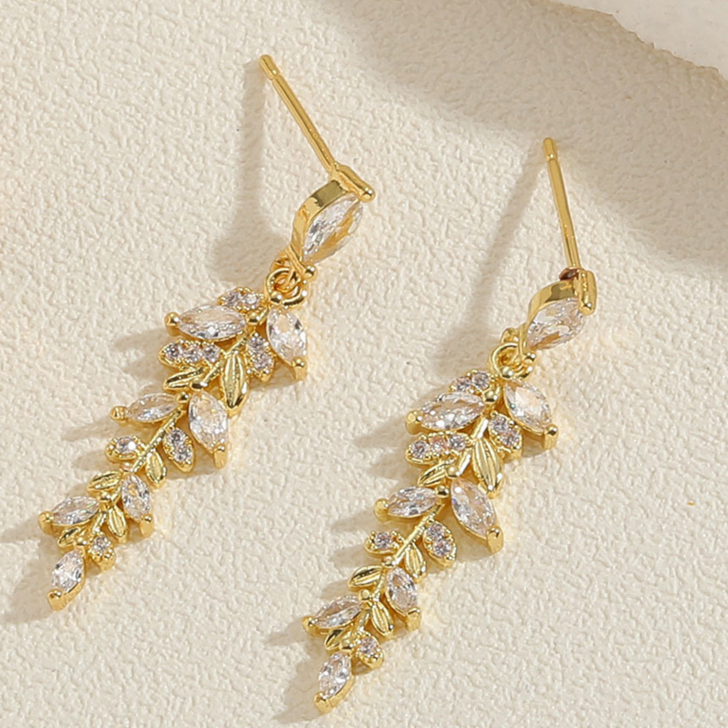 Women Luxury Leaf Crystal Dangle Earrings in Gold Tone