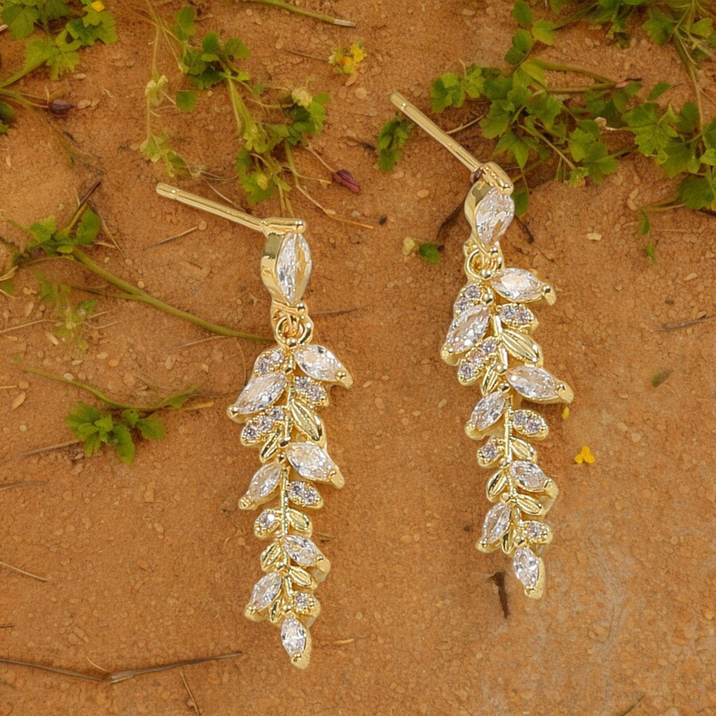 Women Luxury Leaf Crystal Dangle Earrings in Gold Tone