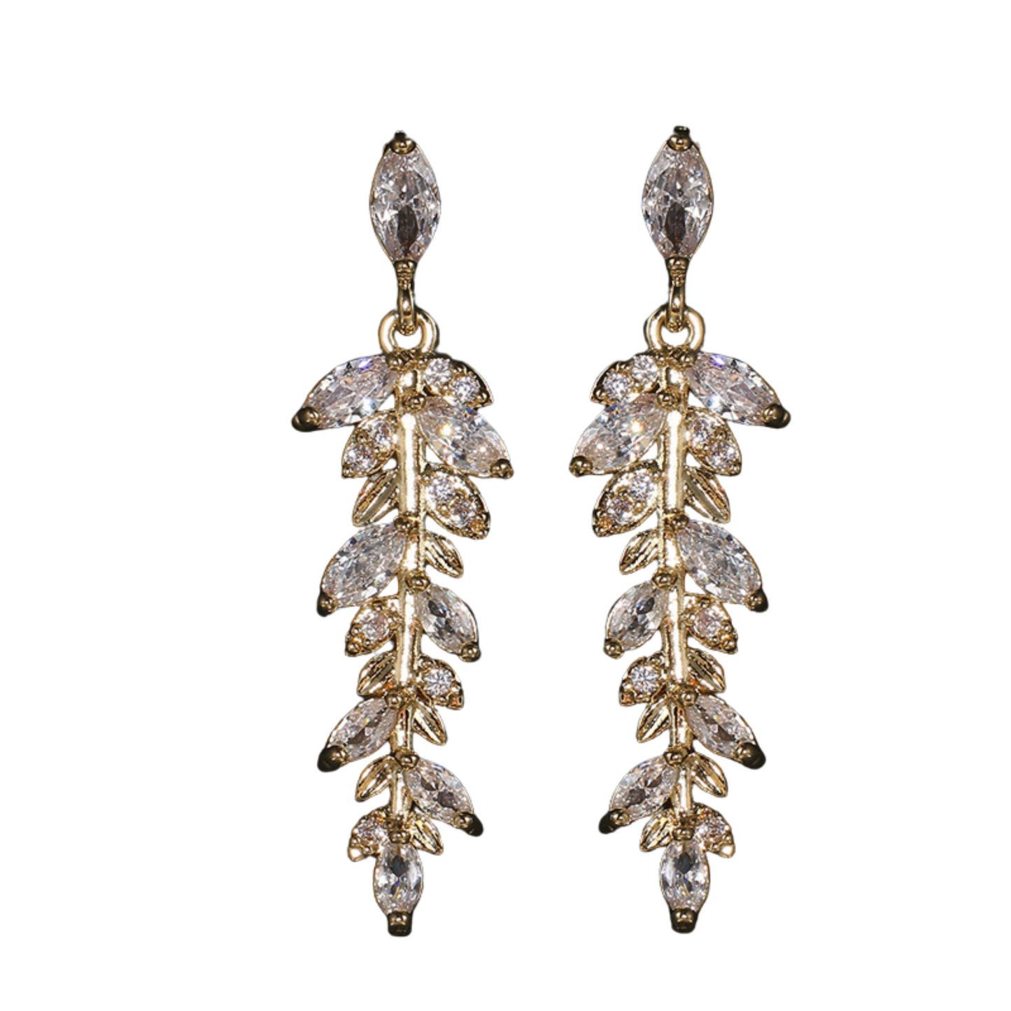 Women Luxury Leaf Crystal Dangle Earrings in Gold Tone