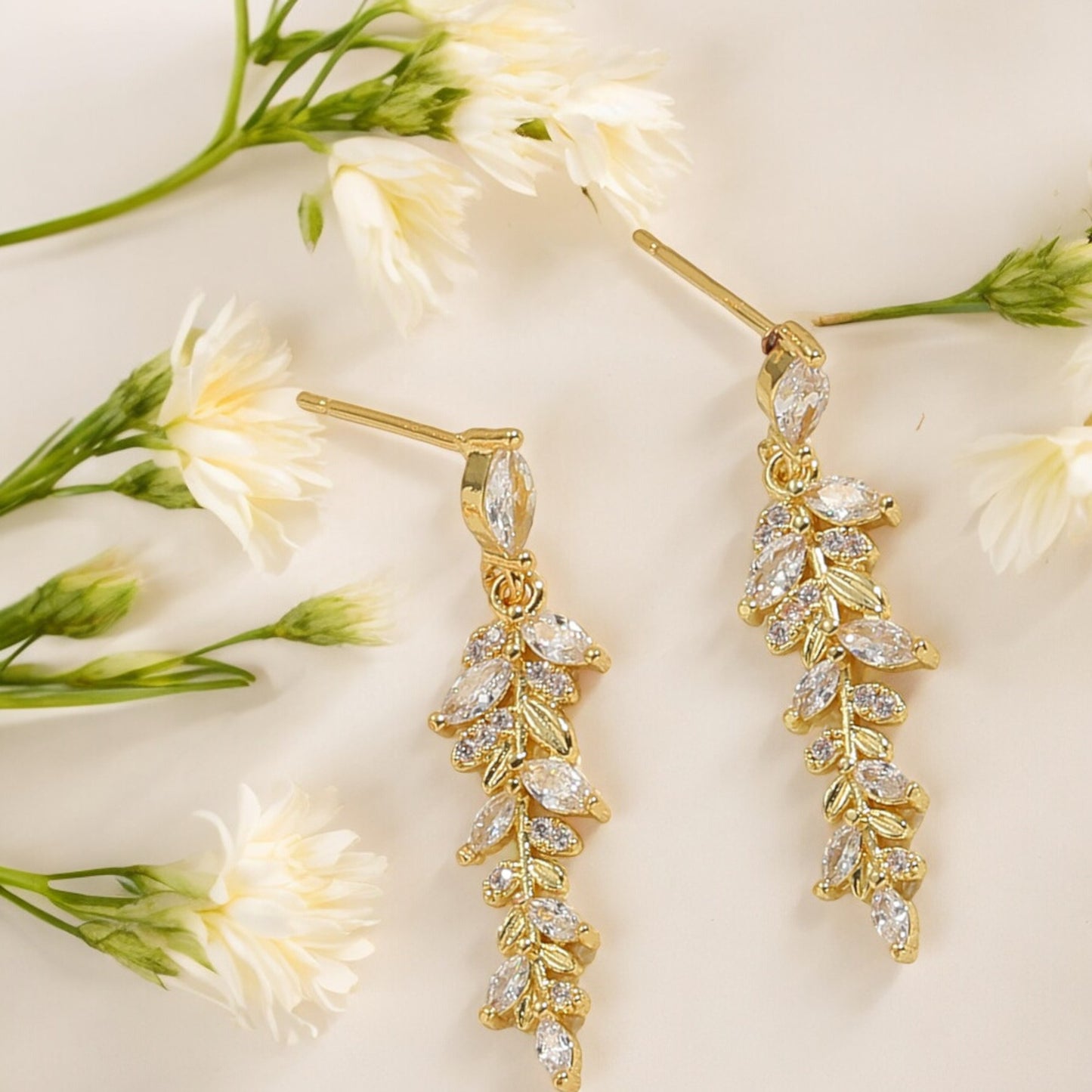 Women Luxury Leaf Crystal Dangle Earrings in Gold Tone