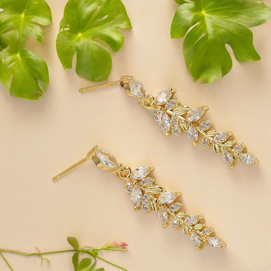 Women Luxury Leaf Crystal Dangle Earrings in Gold Tone