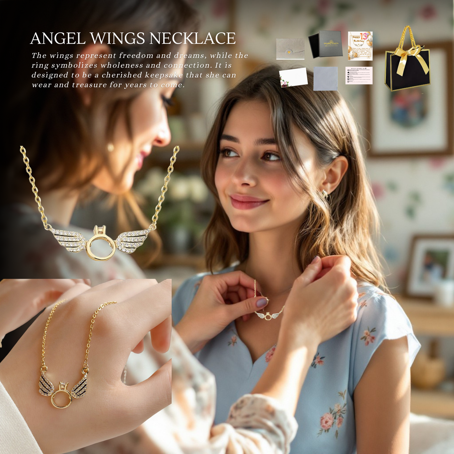 13th Birthday Angel Wings Pendant Necklace with Personalised Message Card