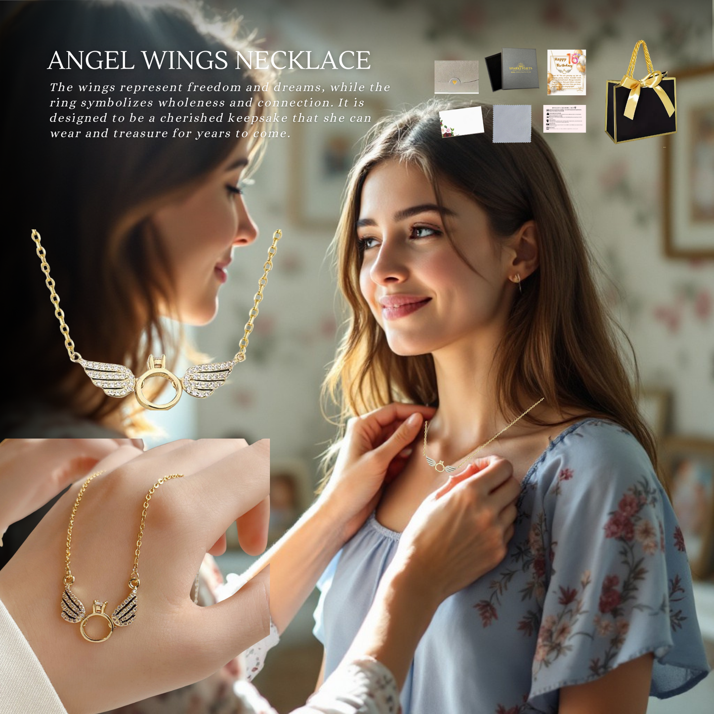 16th Birthday Angel Wings Pendant Necklace with Personalised Message Card