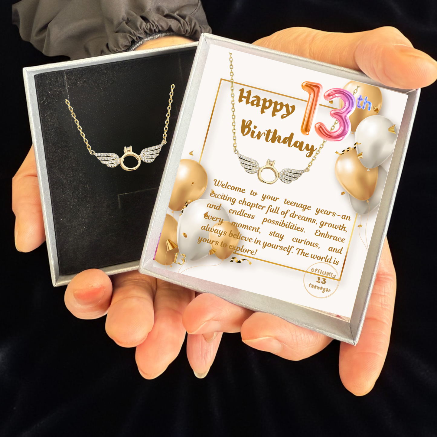 13th Birthday Angel Wings Pendant Necklace with Personalised Message Card
