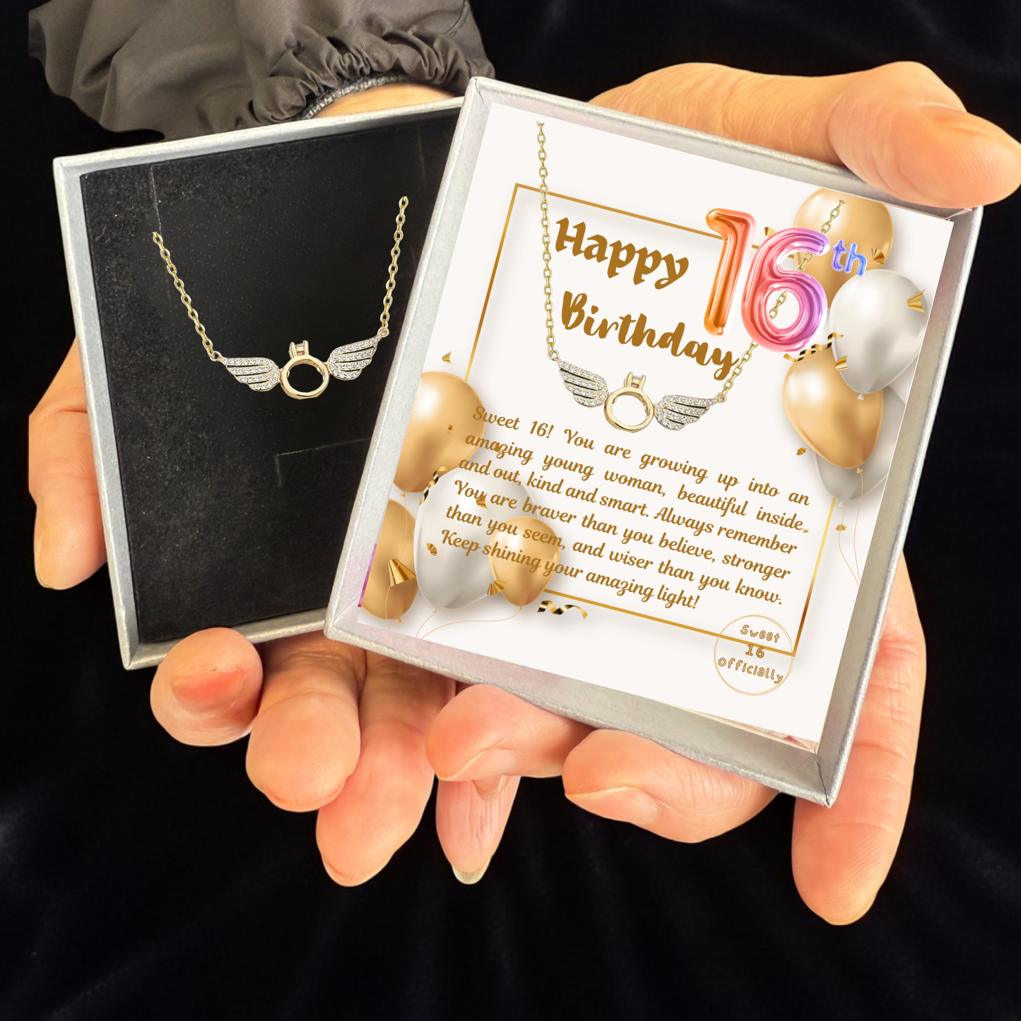 16th Birthday Angel Wings Pendant Necklace with Personalised Message Card