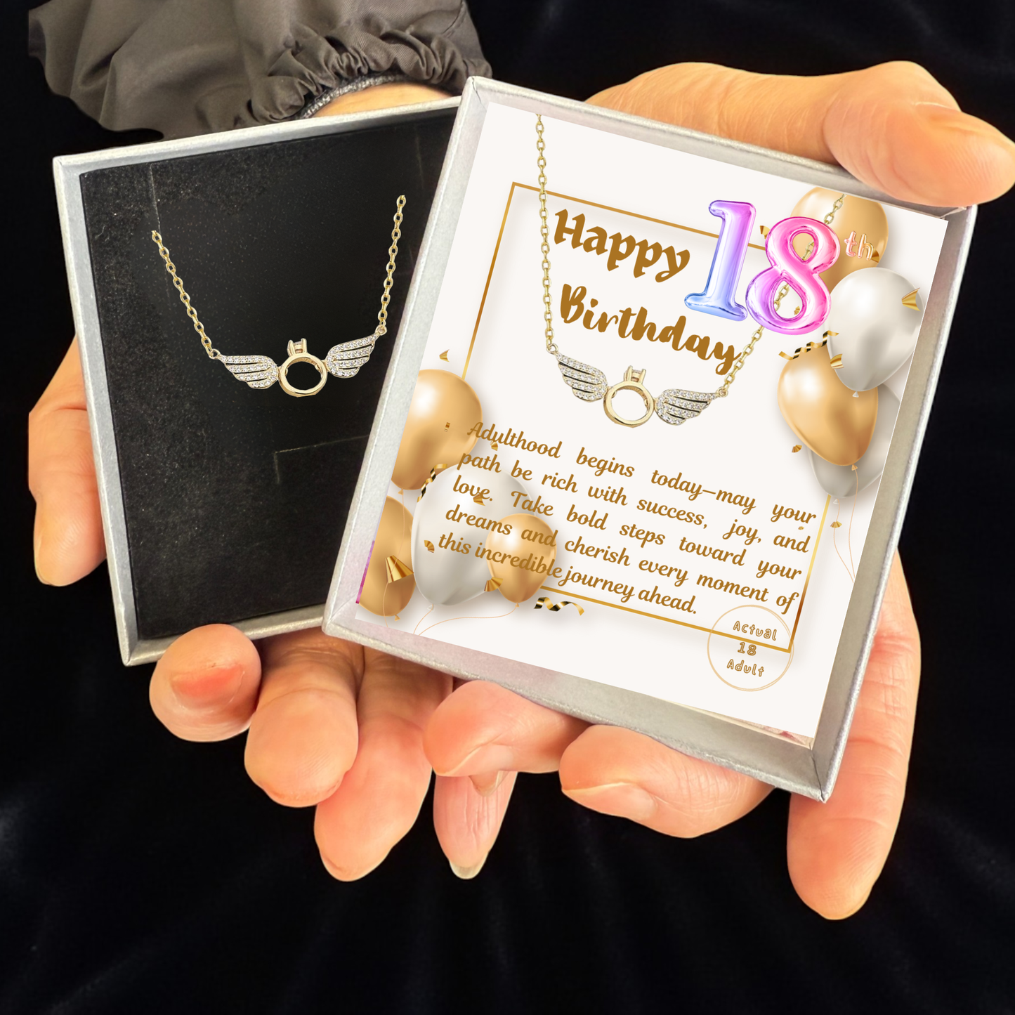 18th Birthday Angel Wings Pendant Necklace with Personalised Message Card