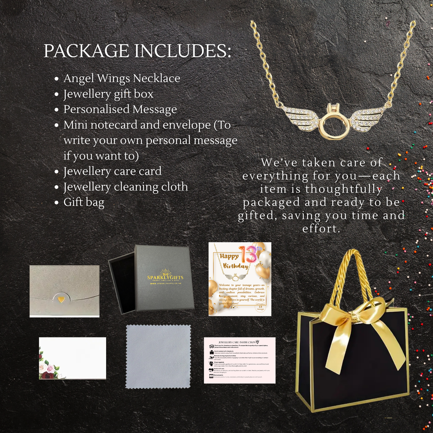 13th Birthday Angel Wings Pendant Necklace with Personalised Message Card
