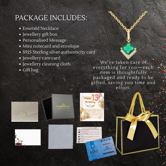 Birthday Gifts for Her 30th 40th 50th 60th 70th 80th 90th 100th S925 Emerald Gold Plated Necklace Birthday Personalised Message