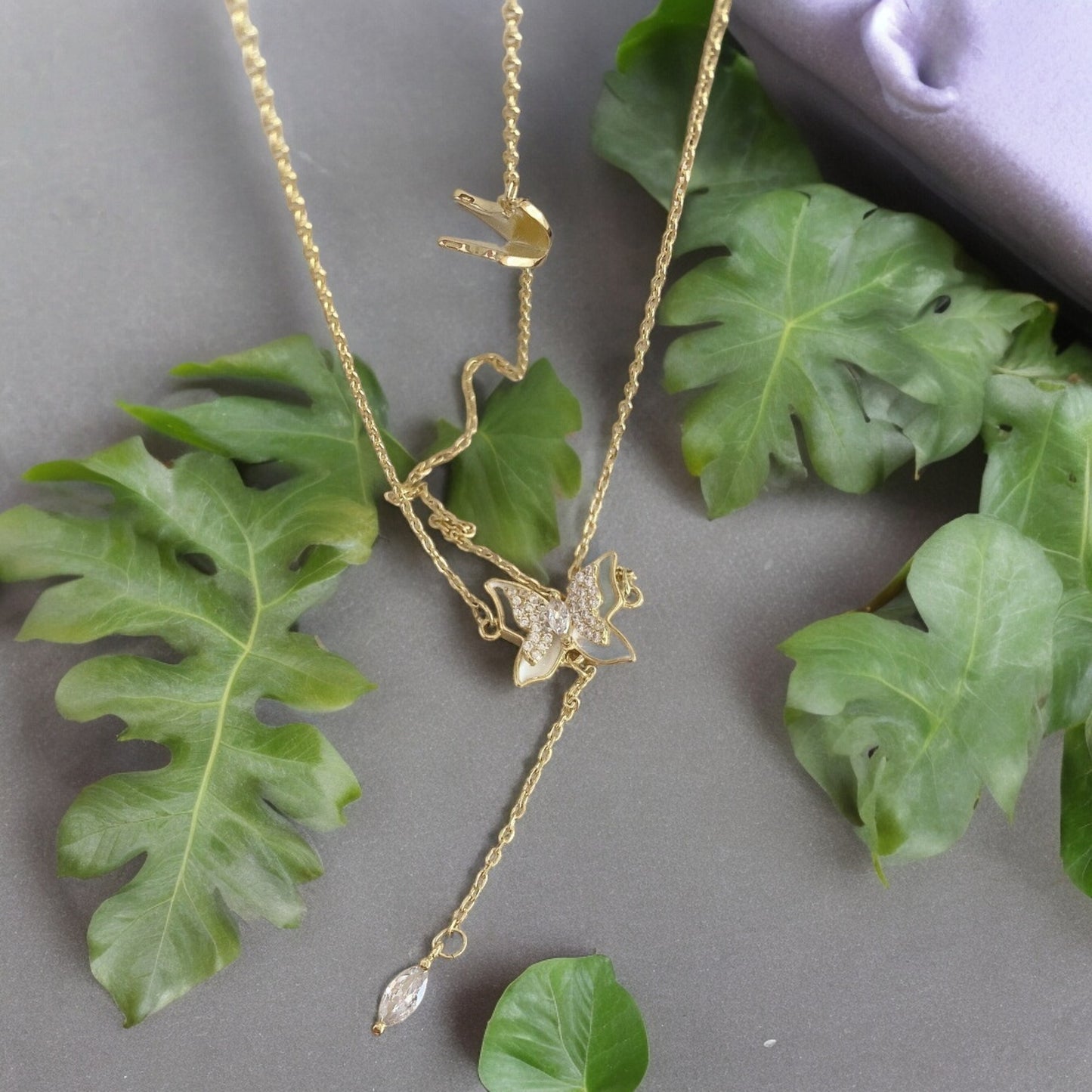 Crystal Butterfly with Diamond Drop Pendant Necklace