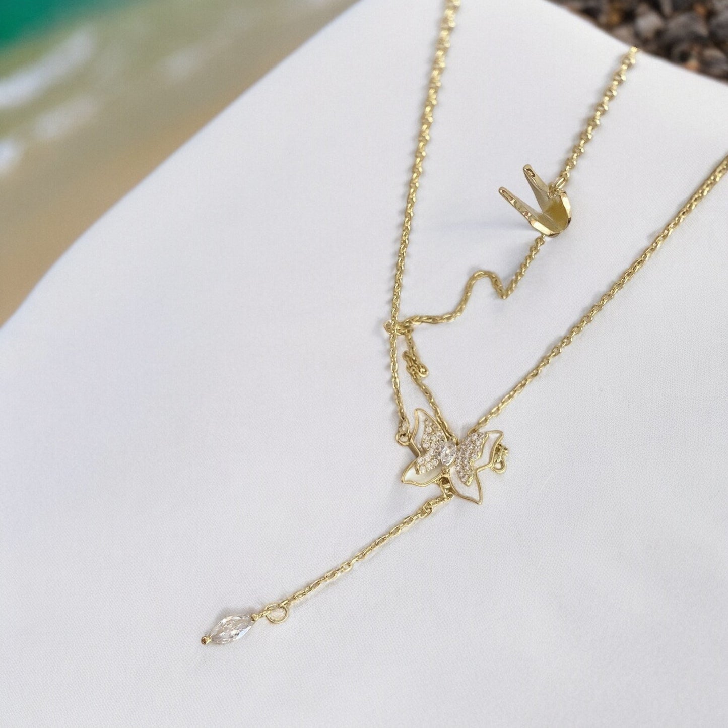 Crystal Butterfly with Diamond Drop Pendant Necklace
