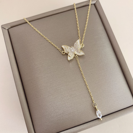Crystal Butterfly with Diamond Drop Pendant Necklace