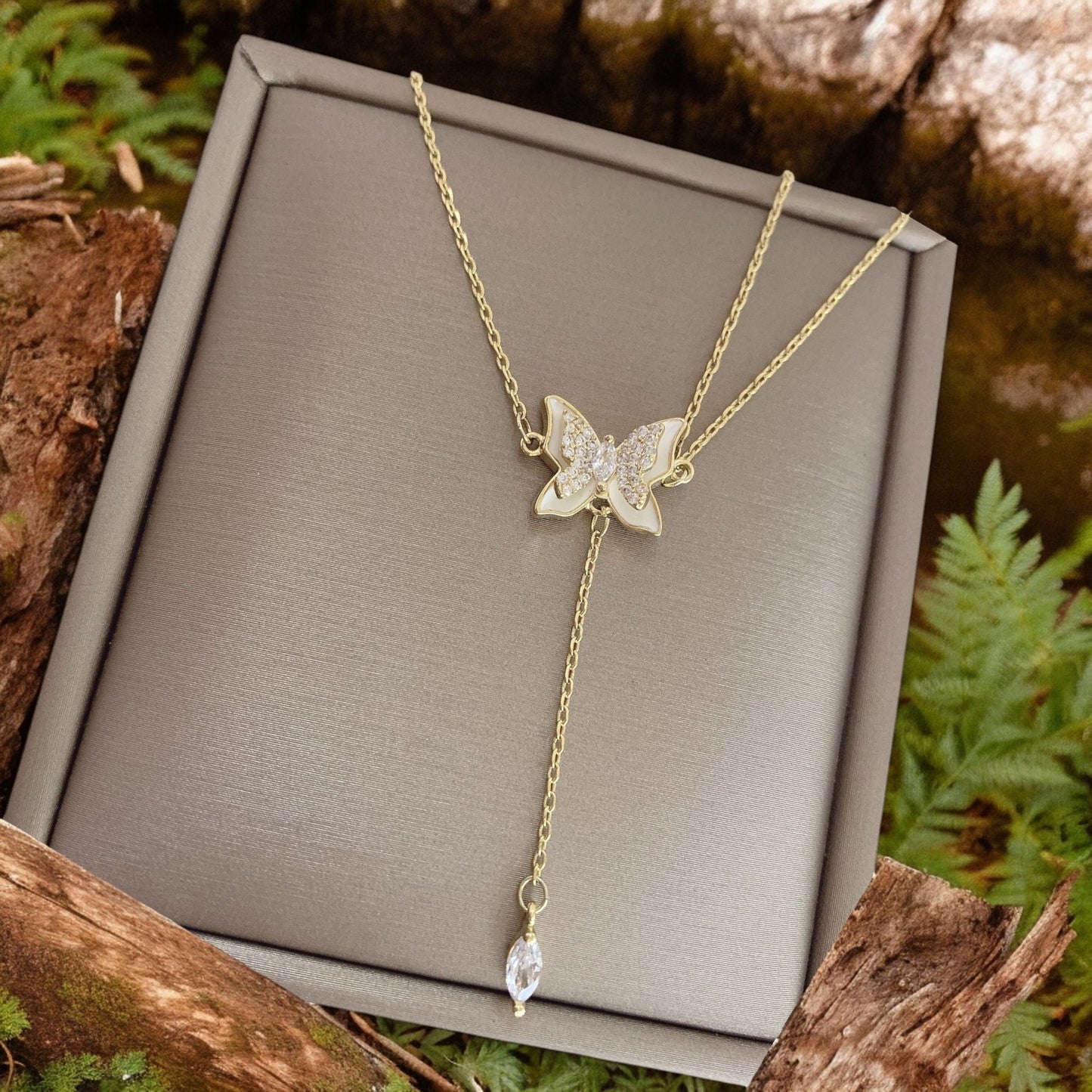 Crystal Butterfly with Diamond Drop Pendant Necklace