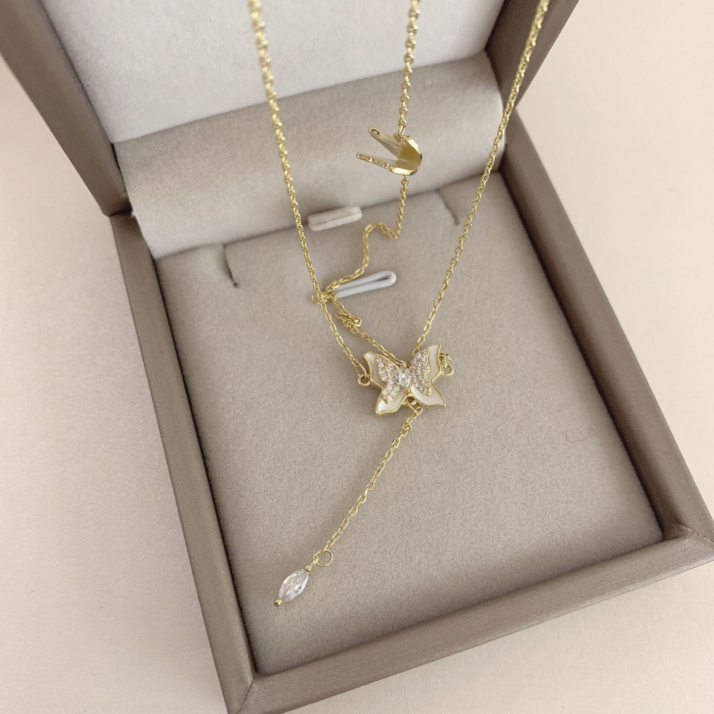 Crystal Butterfly with Diamond Drop Pendant Necklace
