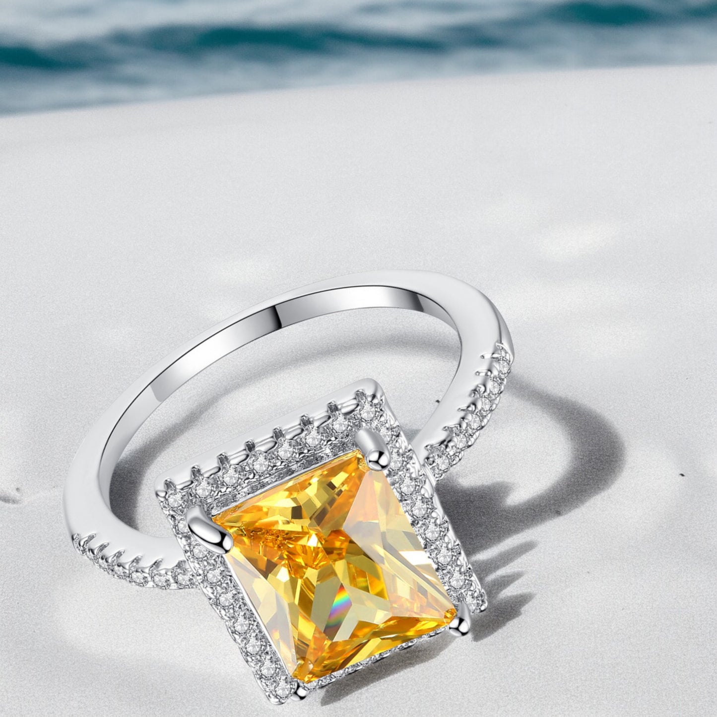 Women Crystal Rectangle Amber Diamond Ring