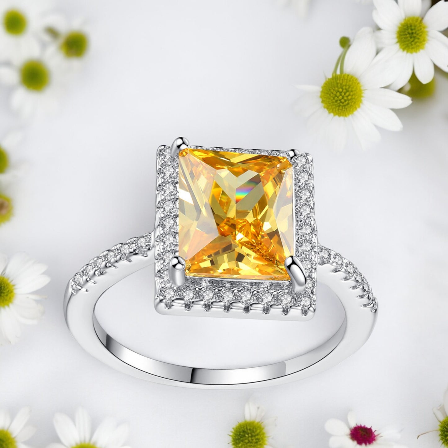 Women Crystal Rectangle Amber Diamond Ring