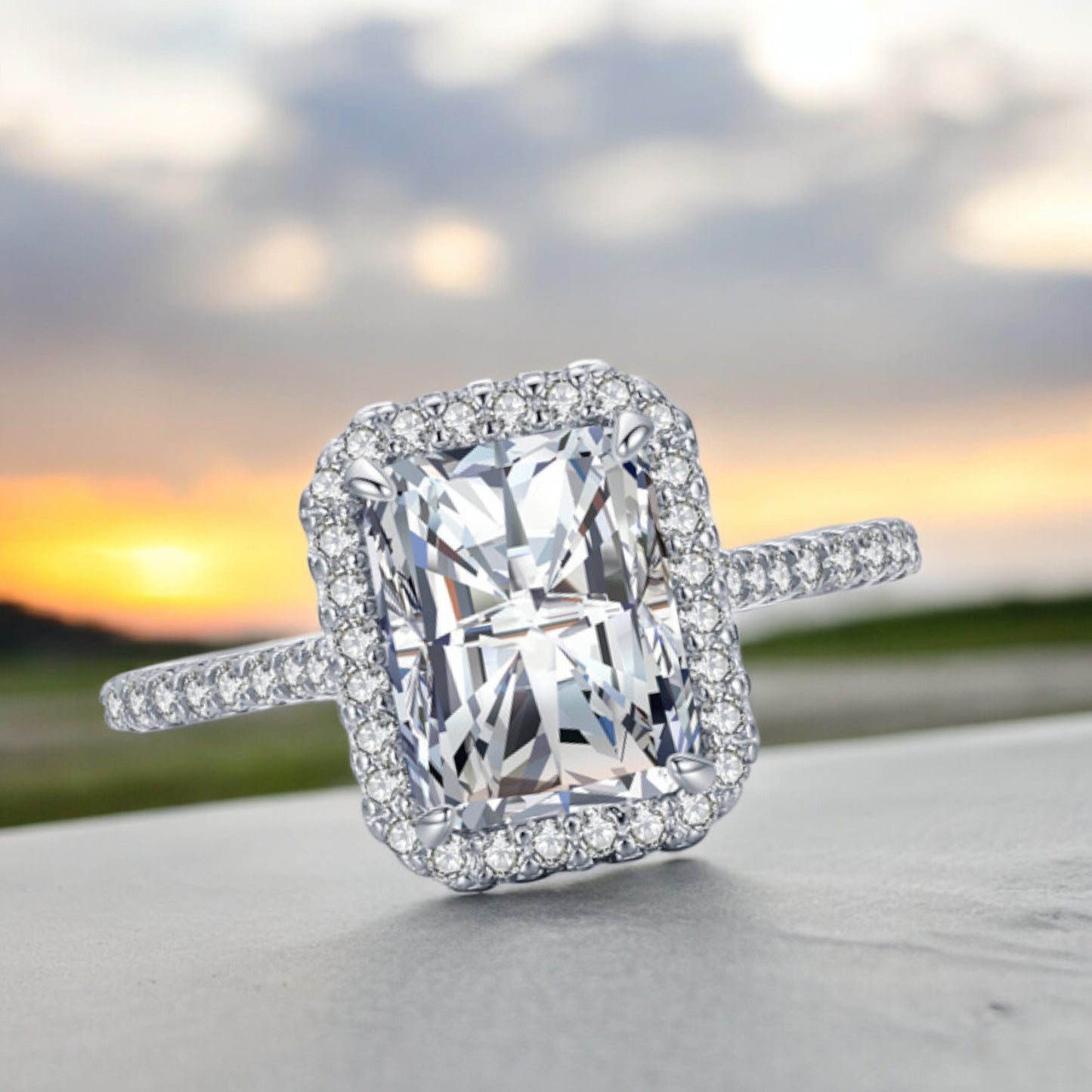 Women Crystal Rectangle with Center Diamond Ring