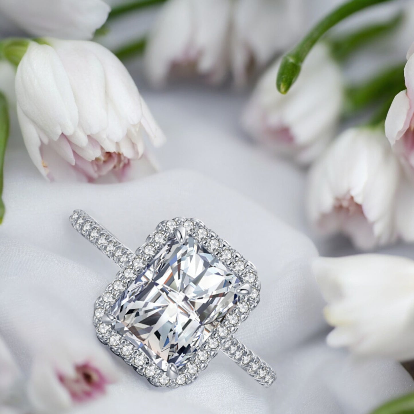 Women Crystal Rectangle with Center Diamond Ring