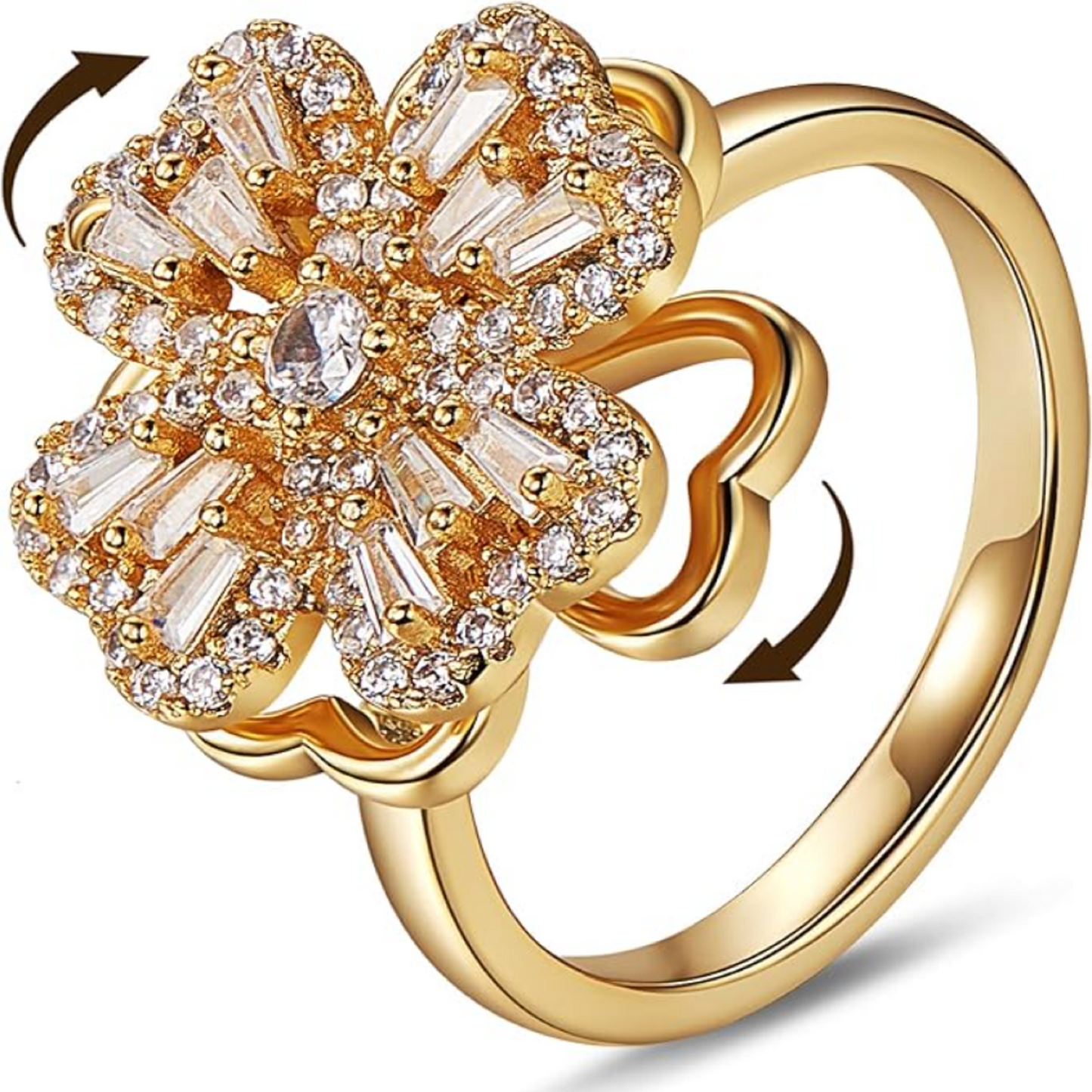 Fashionable Rotating Crystal Four Leaf Clover Spinning Fidget Open Ring