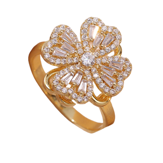 Fashionable Rotating Crystal Four Leaf Clover Spinning Fidget Open Ring