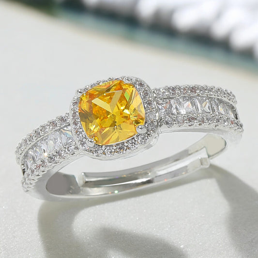 Women Cushion Cut Sparkly Yellow Diamond Open Ring with Crystals