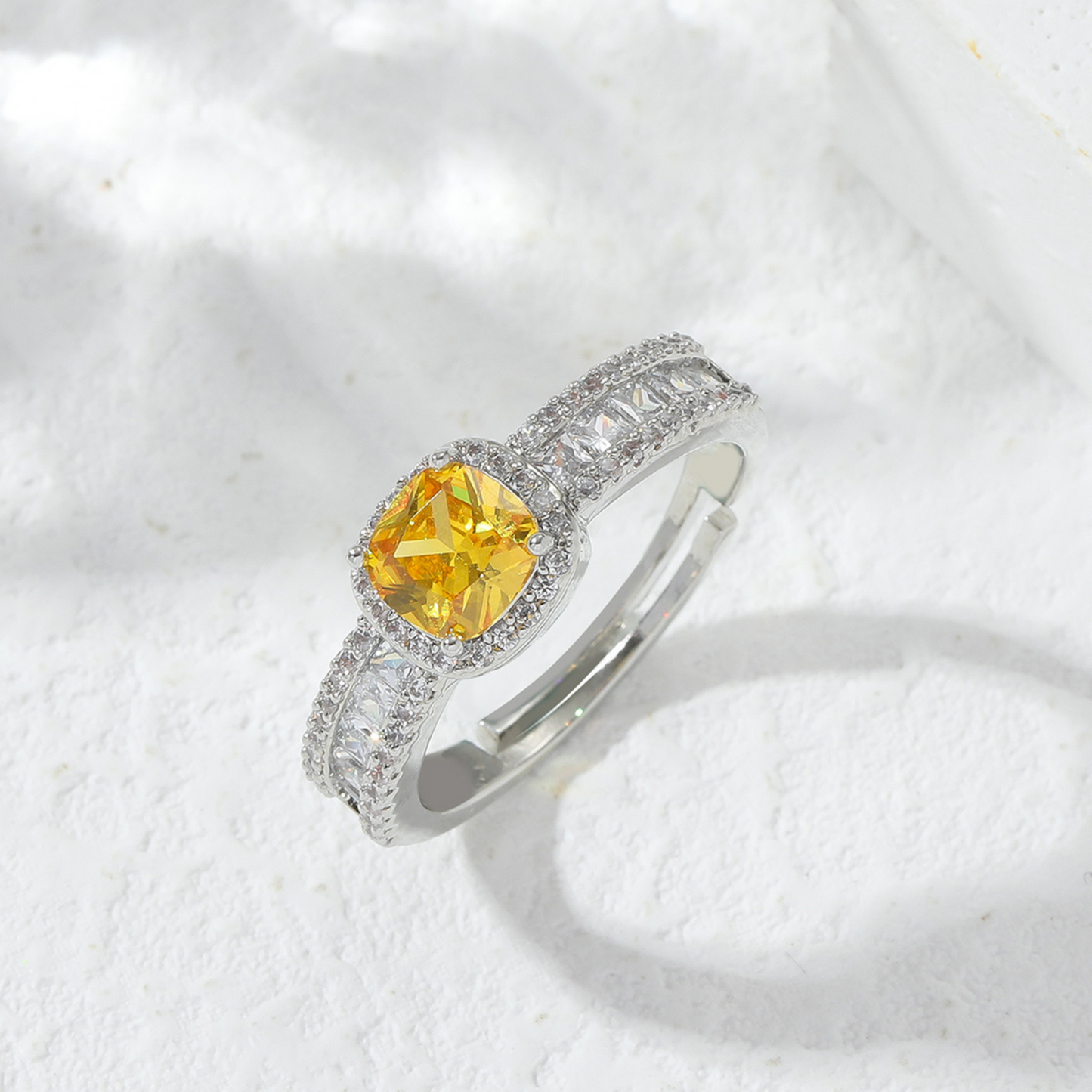 Women Cushion Cut Sparkly Yellow Diamond Open Ring with Crystals