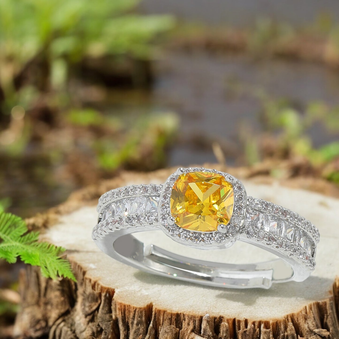 Women Cushion Cut Sparkly Yellow Diamond Open Ring with Crystals
