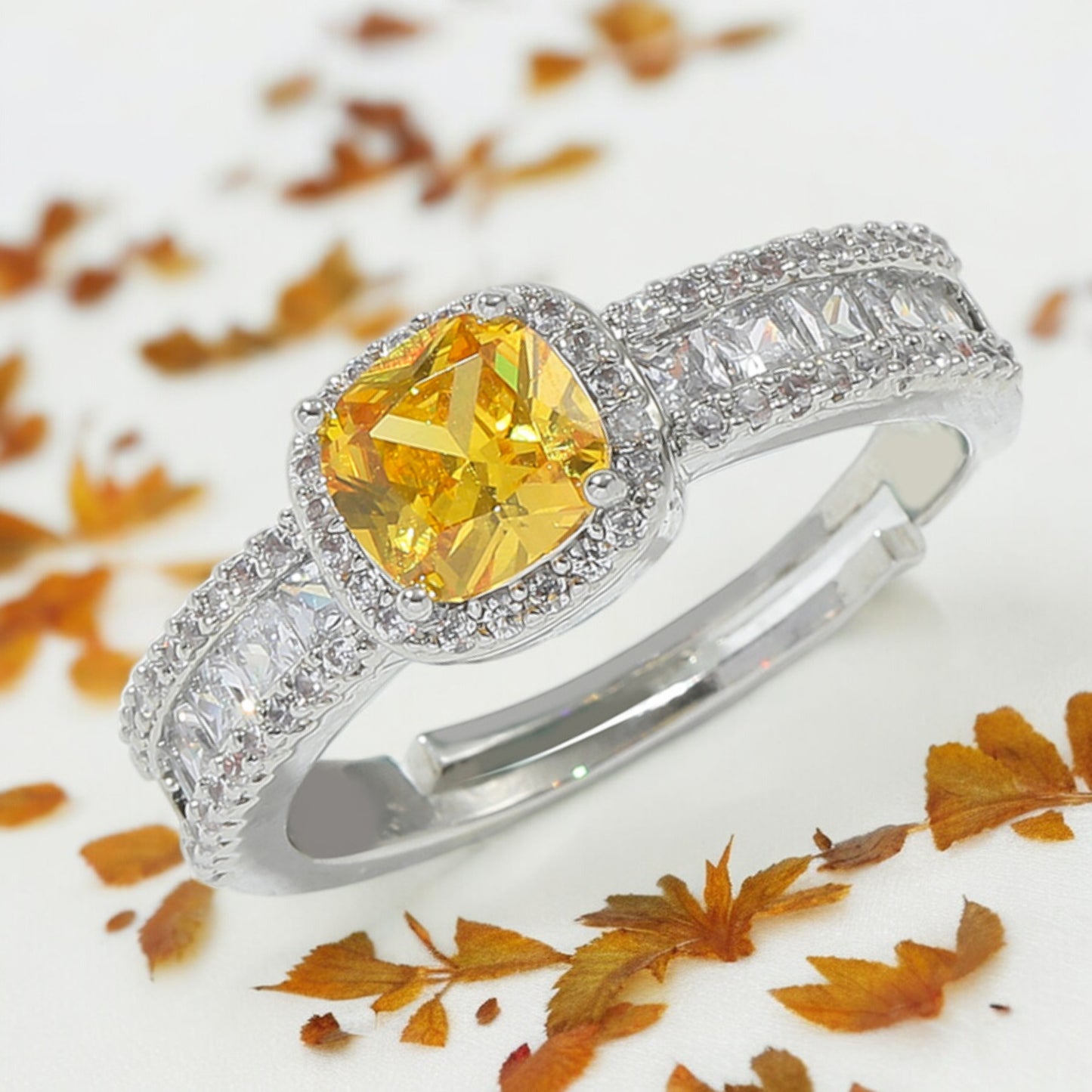 Women Cushion Cut Sparkly Yellow Diamond Open Ring with Crystals