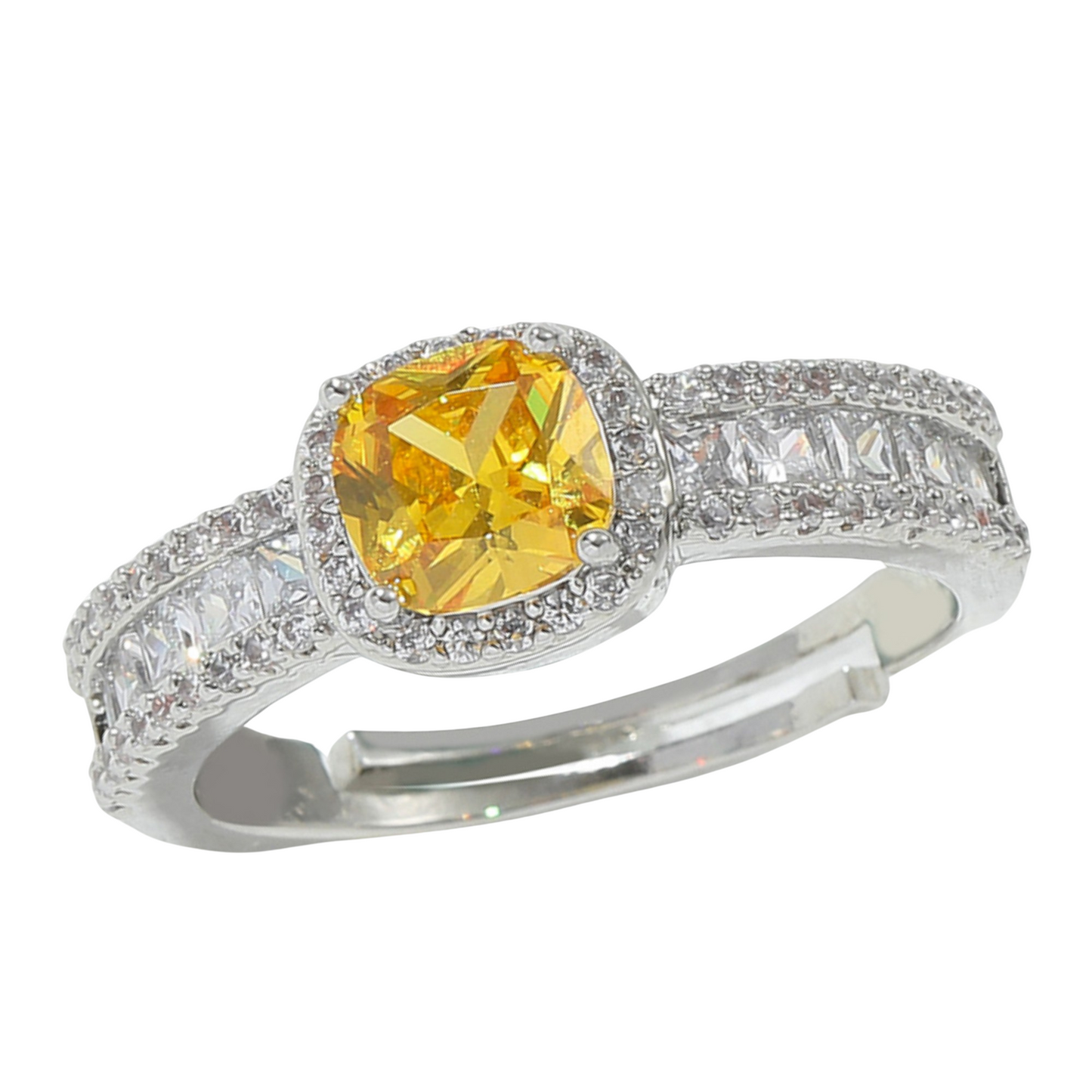 Women Cushion Cut Sparkly Yellow Diamond Open Ring with Crystals