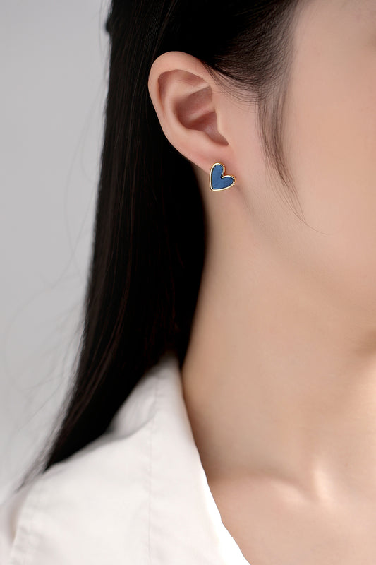 Women Navy Heart Shape Stud Earrings in Gold Tone