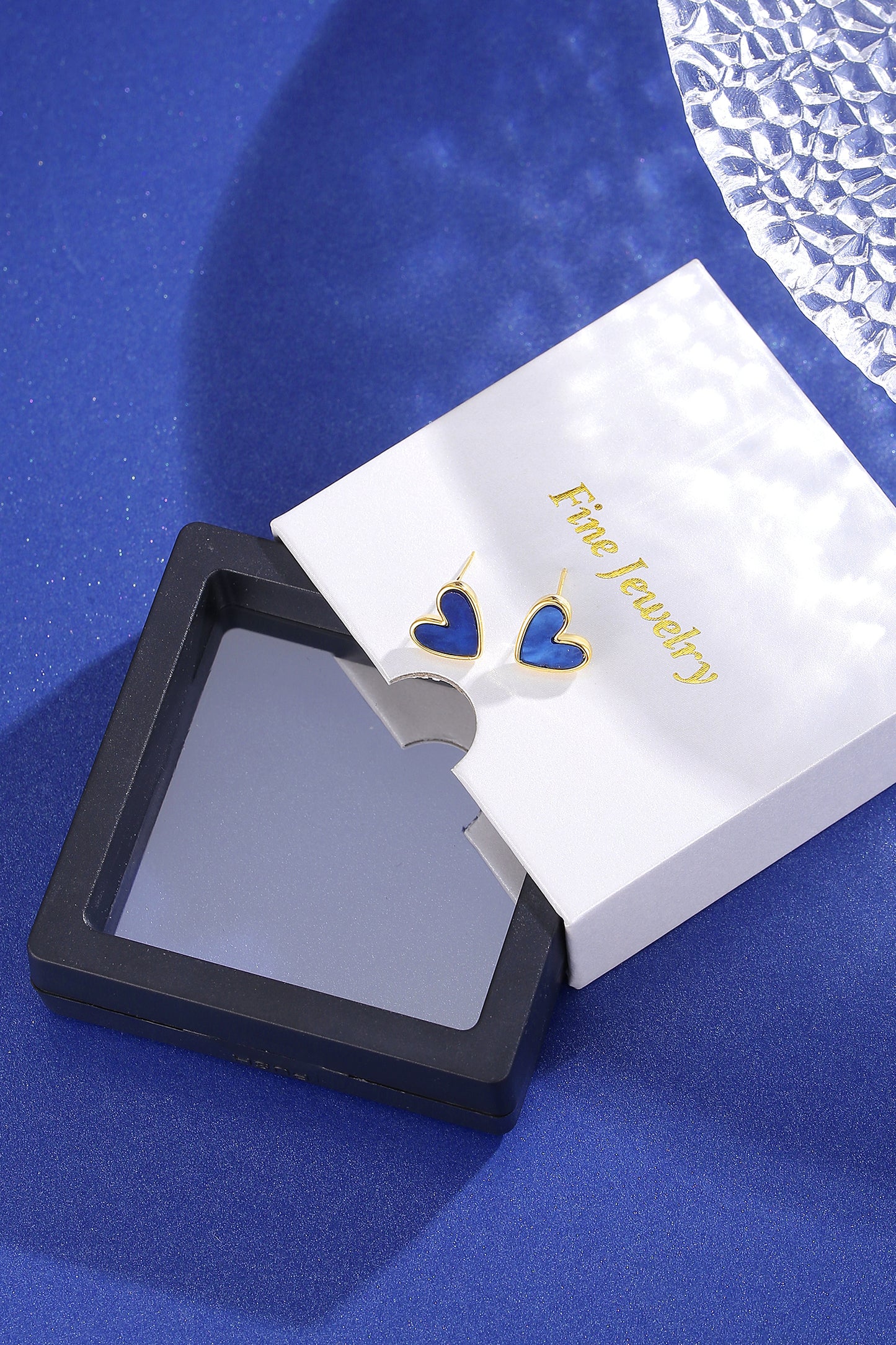 Women Navy Heart Shape Stud Earrings in Gold Tone