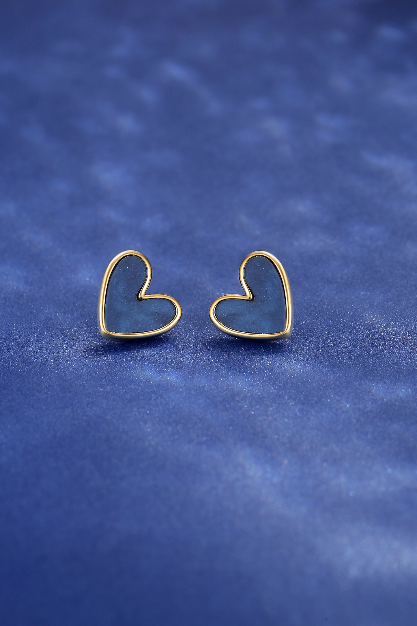 Women Navy Heart Shape Stud Earrings in Gold Tone
